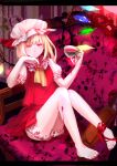  absurdres armchair bad_id barefoot blonde_hair bloomers cup feet flandre_scarlet hat highres letterboxed ponytail red_eyes ribbon rushka short_hair side_ponytail sitting solo tea teacup the_embodiment_of_scarlet_devil touhou wings 