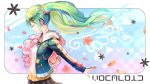  casual closed_eyes eyes_closed flower green_hair hair_ornament hairclip hatsune_miku jacket long_hair petals pos smile solo twintails vocaloid 