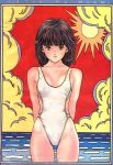  beach clouds hayakawa_moemi katsura_masakazu ocean official_art one-piece_swimsuit one_piece_swimsuit short_hair summer sun swimsuit video_girl_ai 