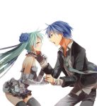  1girl aqua_hair bad_id blue_hair closed_eyes couple earrings elbow_gloves eyes_closed flower formal gloves green_hair hair_flower hair_ornament hatsune_miku irono_yoita jewelry kaito long_hair necktie open_mouth simple_background singing skirt thigh-highs thighhighs twintails tyanpon very_long_hair vocaloid 