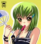  alternate_hairstyle blush breasts c.c. cc cellphone_strap cleavage clip code_geass fan green_hair hair_ornament hairclip lelouch_lamperouge meimi mouth_hold paper_fan popsicle short_hair solo uchiwa yellow_eyes young 