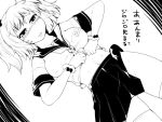  blush breasts dutch_angle hair_bobbles hair_ornament kotatsu_(artist) large_breasts midriff monochrome onozuka_komachi school_uniform serafuku short_hair skirt thigh-highs thighhighs touhou twintails 