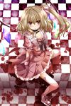  bad_id blonde_hair blush bow checkered checkered_floor choker flandre_scarlet hair_bow mouth_hold nanase_nao no_hat no_headwear pocky ponytail red_eyes short_hair side_ponytail sitting solo thigh-highs thighhighs touhou white_legwear white_thighhighs wings zettai_ryouiki 