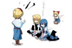  alice_margatroid annoyed blonde_hair blue_hair cirno hat hat_removed headwear_removed kirisame_marisa kona_sleipnir multiple_girls scolding shanghai shanghai_doll touhou 