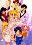  aino_minako bare_shoulders bishoujo_senshi_sailor_moon blazer cake chiba_mamoru chibi_usa chinese_dress dress fan gloves hair_bobbles hairbows happy hino_rei kino_makoto mizuno_ami tsukino_usagi twintails 