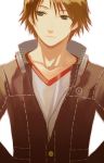  brown_eyes brown_hair collarbone hanamura_yousuke headphones hijiri_ruka male persona persona_4 school_uniform simple_background solo 