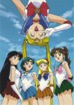  bishoujo_senshi_sailor_moon blue_sky friends happy outside sailor_jupiter sailor_mars sailor_mercury sailor_moon sailor_venus smile twintails upside_down 