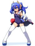  blue_hair boxing_gloves character_request dokuganryuu_kagemitsu eyepatch flat_gaze horns katami_shinta long_hair one-piece_swimsuit pointy_ears school_swimsuit shinrabansho shinrabanshou shoes swimsuit thigh-highs thighhighs uwabaki vest white_legwear 