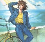  ace_wo_nerae bike brown_hair denim_jacket ocean oka_hiromi old_school outside seagulls sunrise wind 