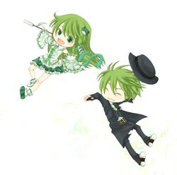  1girl bad_id blazblue chibi closed_eyes crossover eyes_closed frog green_eyes green_hair hazama highres kochiya_sanae long_hair mmarcom short_hair snake touhou white_background 