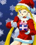  bishoujo_senshi_sailor_moon blonde_hair blue_eyes christmas gloves holiday legs present santa_costume santa_hat smile tsukino_usagi wink 