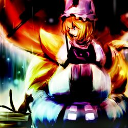  blonde_hair cat chen chen_(cat) dearmybrothers fox_tail hands_in_sleeves hat horohoro multiple_tails nekomata solo tail touhou umbrella yakumo_ran 