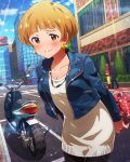  1girl blonde_hair blush box earrings fukuda_noriko gift gift_box idolmaster idolmaster_million_live! jewelry looking_at_viewer motor_vehicle necklace official_art scooter short_hair solo solo_focus valentine vehicle 