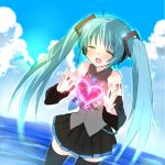  ahoge aqua_hair bad_id closed_eyes cloud clouds detached_sleeves eyes_closed hatsune_miku heart long_hair necktie pixiv_manga_sample sino_(sionori) skirt sky smile solo thigh-highs thighhighs twintails very_long_hair vocaloid water 