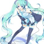  aqua_hair blue_eyes cosmos detached_sleeves hatsune_miku headphones headset legs long_hair necktie simple_background skirt smile solo thigh-highs thighhighs twintails very_long_hair vocaloid zettai_ryouiki 