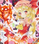  ayuayu blonde_hair blush burning elbow_gloves fang fire flandre_scarlet flower gloves hat lace looking_at_viewer marker_(medium) open_mouth petals pink_rose red_eyes rose sample side_ponytail skirt skirt_lift smile solo sparkle stuffed_animal stuffed_toy teddy_bear touhou traditional_media 