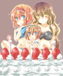  3girls alice_margatroid alice_margatroid_(pc-98) blonde_hair blue_eyes bra cake candle food gradient_hair highres hijiri_byakuren lingerie long_hair multicolored_hair multiple_girls okannigeru panties short_hair strawberry swimsuit time_paradox touhou touhou_(pc-98) underwear underwear_only yellow_eyes 