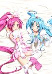  2girls ass bed blue_eyes blue_hair boots cure_blossom cure_marine down_blouse elbow_gloves gloves hanasaki_tsubomi heartcatch_precure! heartcatch_pretty_cure! kotobamaru kurumi_erika lying magical_girl multiple_girls on_back open_mouth pink_eyes pink_hair precure pretty_cure sitting super_silhouette_(heartcatch_precure!) thigh-highs thigh_boots thighhighs 