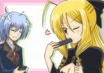  ayasaki_hayate bad_id bandage bandages blonde_hair blue_hair drill_hair fan hayate_no_gotoku! long_hair red_eyes reverse_(artist) short_hair tennousu_athena tennousu_athene 