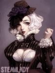  cglange cleavage copyright_request female flower hat lips neck_ruff no_lineart purple_eyes short_hair solo steampunk victorian violet_eyes white_hair 