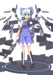  aiming_at_viewer blue_eyes blue_hair boots bow cirno cross-laced_footwear dress hair_bow highres kinakomoti mechanical_wings pigeon-toed pov_aiming short_hair solo sword touhou weapon wings 