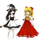  apron artist_request blonde_hair bow broom brown_eyes brown_hair cosplay costume_switch detached_sleeves dress hair_bow hair_ribbon hair_tubes hakurei_reimu hakurei_reimu_(cosplay) hat kirisame_marisa kirisame_marisa_(cosplay) multiple_girls ribbon socks touhou witch_hat yellow_eyes 