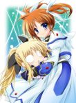  0_0 blush brown_hair cape character_doll doll fate_testarossa fingerless_gloves gloves hair_ornament hair_ribbon highres long_hair lyrical_nanoha mahou_shoujo_lyrical_nanoha mahou_shoujo_lyrical_nanoha_a&#039;s mahou_shoujo_lyrical_nanoha_a's o_o ribbon sen_(astronomy) short_hair smile standing takamachi_nanoha twintails very_long_hair 