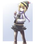  alternate_costume beanie black_legwear black_pantyhose blonde_hair can coffee contemporary hand_in_pocket hat looking_back lunasa_prismriver pantyhose product_placement scarf short_hair solo touhou yellow_eyes yoshi_tama 