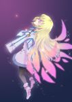  black_pantyhose blonde_hair blue_background closed_eyes colette_brunel eyes_closed gradient gradient_background long_hair pantyhose purple_background solo tales_of_(series) tales_of_symphonia time-flies 