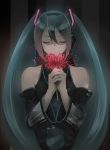  aqua_hair detached_sleeves flower hands_clasped hatsune_miku highres long_hair necktie ryouku saihate_(vocaloid) smile solo spider_lily twintails very_long_hair vocaloid 