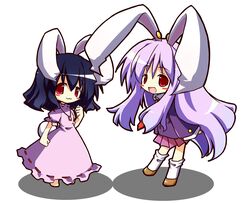  :3 absurdres animal_ears black_hair blazer blush bunny_ears bunny_tail chibi dress footwear haetorisou highres inaba_tewi jewelry long_hair miniskirt multiple_girls necklace necktie pink_dress pleated_skirt purple_hair rabbit_ears red_eyes reisen_udongein_inaba shoes short_hair skirt smile socks standing tail touhou 