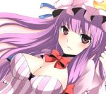  bad_id blush bowtie breasts cleavage crescent hat long_hair patchouli_knowledge pink_eyes purple_eyes purple_hair richard solo touhou violet_eyes 