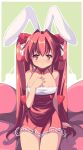  animal_ears breasts bunny_ears cleavage di_gi_charat hand_on_chest hand_on_own_chest hand_to_chest pink_eyes pink_hair rabbit_ears saiste sitting skirt solo twintails usada_hikaru 