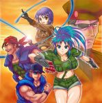  bandanna blue_hair breasts clark_still cleavage crop_top eyepatch gloves hat heidern king_of_fighters large_breasts leona_heidern midriff navel ralf_jones shiny shiny_skin shorts sleeves_rolled_up snk sunglasses taut_shirt whip whip_(kof) yonecchi 
