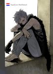  agasang barefoot fur_trim grey_hair male original personification short_hair single_glove sitting sitting_on_object solo 