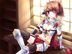  bikini_armor blush breasts brown_eyes brown_hair cross front-tie_top garter_straps gauntlets lord_knight navel ponytail ragnarok_online rune_knight soraishinya thigh-highs thighhighs wink 