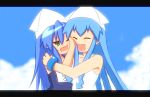  :t blue_hair crossover hug ichiomi ikamusume izumi_konata lucky_star multiple_girls one-piece_swimsuit open_mouth parody school_swimsuit shinryaku!_ikamusume squid sweatdrop swimsuit 
