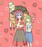 3girls :&gt; blonde_hair blush_stickers closed_eyes doughnut eating food frog garigarigari green_hair hair_ornament happy hat heart highres kochiya_sanae long_hair moriya_suwako multiple_girls parody pastry purple_hair shimenawa short_hair skirt smile snake touhou yasaka_kanako