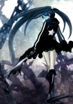  bikini_top black_hair black_rock_shooter black_rock_shooter_(character) blue_eyes boots coat from_behind glowing glowing_eyes highres long_hair looking_back necchan shorts solo sword twintails very_long_hair weapon 