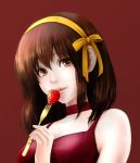  bare_shoulders brown_eyes brown_hair choker dress face food fork fruit hair_ribbon hairband holding holding_fork kaja lips realistic ribbon short_hair solo strawberry suzumiya_haruhi suzumiya_haruhi_no_shoushitsu suzumiya_haruhi_no_yuuutsu 