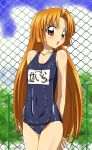  ankoku_tiger chainlink_fence fence highres long_hair md5_mismatch mermaid_melody_pichi_pichi_pichi mermaid_melody_pichi_pichi_pitch official_style one-piece_swimsuit orange_eyes orange_hair school_swimsuit seira seira_(mermaid_melody_pichi_pichi_pitch) swimsuit 