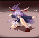 animal_ears blazer bunny_ears fighting_stance glowing glowing_eyes letterboxed long_hair mizuga pointing purple_hair rabbit_ears red_eyes reisen_udongein_inaba serious solo squatting touhou very_long_hair 