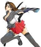  bandage black_legwear black_thighhighs breasts brown_eyes brown_hair cleavage copyright_request fishnets hand_on_hip high_heels hips japanese_clothes katana kazaana large_breasts long_hair shoes sword thigh-highs thighhighs weapon 