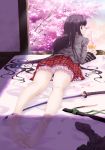  black_hair cherry_blossoms fantasy_earth_zero feet foreshortening highres katana kneepits long_hair looking_back on_stomach panties pantyshot petals plaid plaid_skirt purple_eyes ryouku shade shadow skirt soles solo sword tartan toes underwear very_long_hair vial violet_eyes weapon 