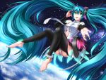  anklet aqua_eyes aqua_hair barefoot earth hatsune_miku hatsune_miku_(append) jewelry long_hair miku_append navel necktie outstretched_arm outstretched_hand smile solo toeless_socks twintails very_long_hair vocaloid vocaloid_append windtalker 