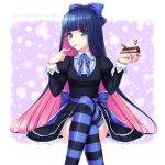  bad_id bangs blue_hair blunt_bangs cake crossed_legs eating food fork gothic_lolita green_eyes hair_ribbon highres legs_crossed lolita_fashion long_hair looking_at_viewer multicolored_hair nail_polish panty_&amp;_stocking_with_garterbelt plate purple_hair ribbon sayori sitting solo spoon stocking_(character) stocking_(psg) striped striped_legwear striped_thighhighs thigh-highs thighhighs two-tone_hair 