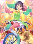  1girl black_eyes black_hair blush circus clown confetti detached_sleeves elephant hair_bobbles hair_ornament ilog looking_at_viewer occhan_(artist) official_art open_mouth riding solo tagme twintails 