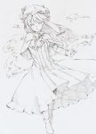  \m/ capelet foreshortening glaring hands hat long_hair millipen_(medium) monochrome patchouli_knowledge solo standing takeuma takeuman touhou traditional_media 