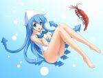  :d barefoot blue_eyes blue_hair cygnus_(artist) feet hat ikamusume legs long_hair one-piece_swimsuit open_mouth shinryaku!_ikamusume shrimp smile solo swimsuit tentacle_hair underwater white_swimsuit 