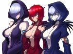  armband bad_id bare_shoulders blue_hair breasts cleavage copyright_request dragon_nest dress evil hair_over_eyes hand_on_hip hips hood jewelry messy_hair multiple_girls necklace purple_eyes red_eyes red_hair redhead silver_hair space_jin spacezin supeesujin violet_eyes 